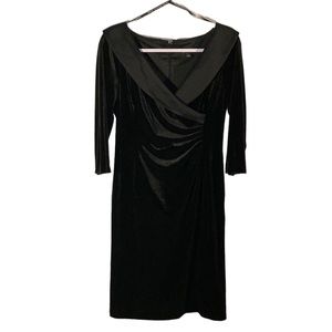 Tahari ASL black velvet satin trim v-neck ruched sheath dress 6